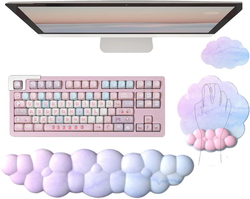 WFCYGL Cloud Wrist Rest Keyboard Ergonomic Mouse Pad with Wrist Rest for Keyboard and Mouse Pad Set Memory Foam PU Base Wrist Support for Computer Gaming Home Office Relief Pain Gradient Blue Pink - Image 1
